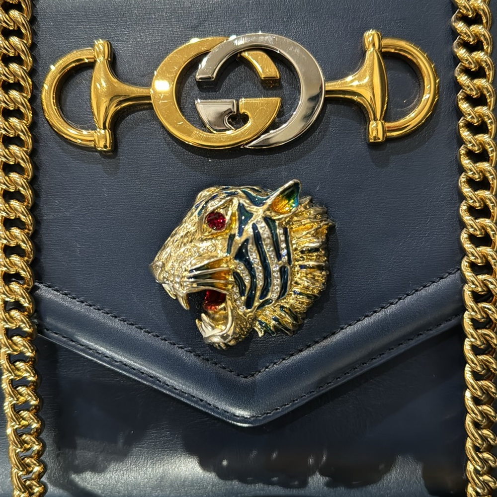 ✨Gucci Rajah Chain Shoulder Bag Leather Medium Blue Handbag Bag - Picture 7 of 16